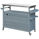 Linique Outdoor Kitchen Island, Rolling Bar Cart with Storage Cabinet, Farmhouse Solid Wood Outdoor Grill Table with Stainless Steel Top, Spice Rack, Towel Rack for Yard, Patio, Grey Blue Linique
