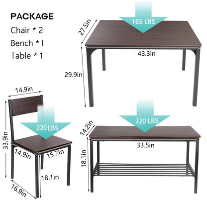 soges 4 Person Dining Table Set,43.3 inch Kitchen Table Set for 4,2 Chairs with Backrest,2-Person Bench with Storage Rack,Nesting Furniture Set for Dining Room and Restaurant, Rustic Oak - WoodArtSupply