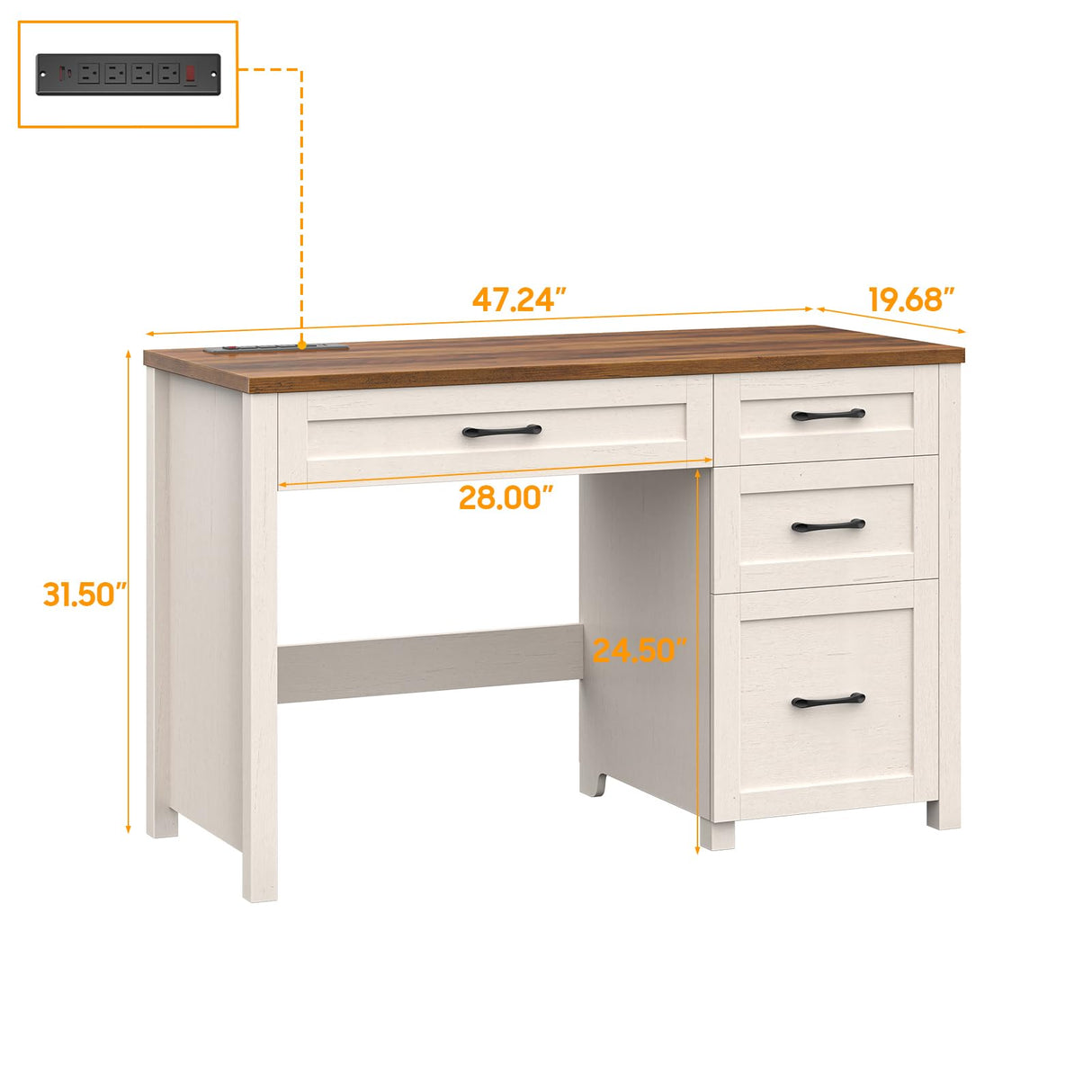 Vabches Farmhouse 47" Executive Desk with 4 Drawers, Computer Desk with File Drawer and Charging Station, Workstation for Home Office, Study.（Unique White） Vabches