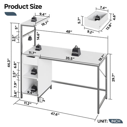 Bestier Gaming Desk with Drawer and LED Lights, 48 inch Computer Desk PC Table with Adjustable Storage Shelves & Hook for Home Office, Carbon Fiber White