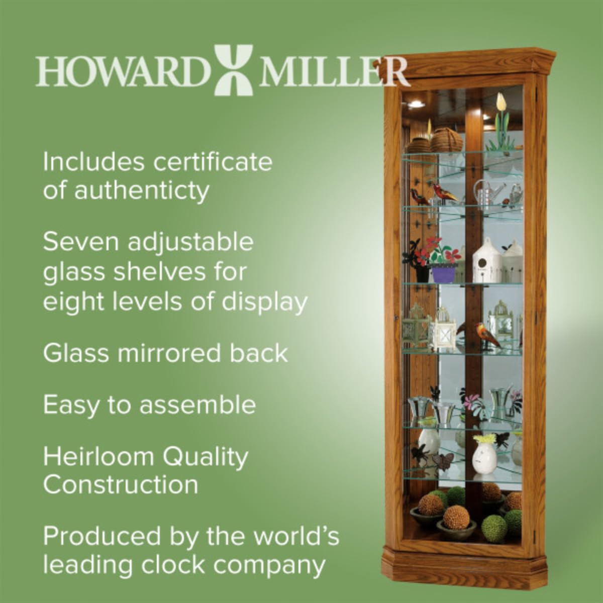 Howard Miller Dominic Corner Curio Cabinet 680-485 – Legacy Oak Finish, Vertical Home Decor, 6 Glass Shelves, 7 Level Display Case, No Reach Light, Locking Door