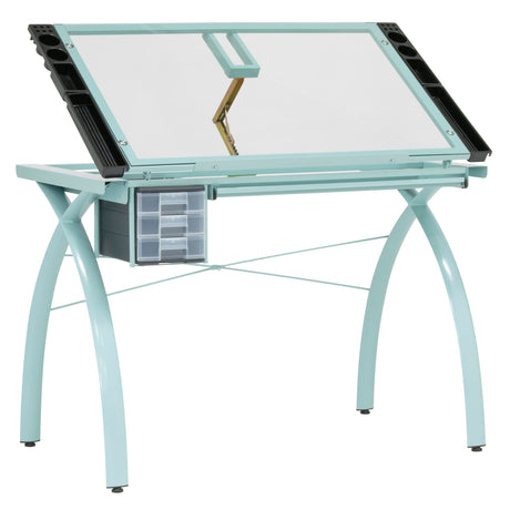SD STUDIO DESIGNS Futura Craft & Drawing Table with Adjustable Tempered Safety Glass Top – Modern Art Desk with Storage Drawers, Pencil Ledge, Glossy Sage/Clear Glass SD STUDIO DESIGNS