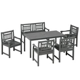 Outsunny 6 Piece Patio Dining Set, Outdoor Poplar Wood Furniture Set, Umbrella Hole Table and Chairs with Bench for Porch, Backyard, Balcony, Outside Garden, Dark Gray Outsunny