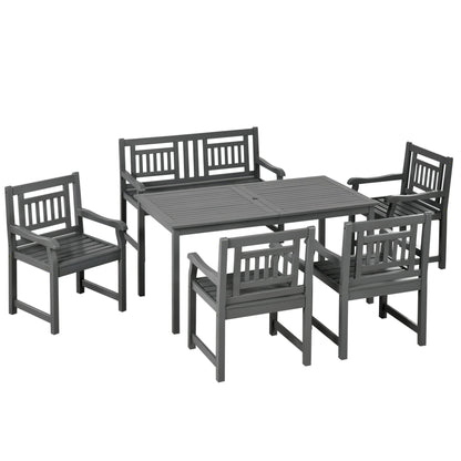 Outsunny 6 Piece Patio Dining Set, Outdoor Poplar Wood Furniture Set, Umbrella Hole Table and Chairs with Bench for Porch, Backyard, Balcony, Outside Garden, Dark Gray - WoodArtSupply