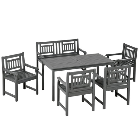 Outsunny 6 Piece Patio Dining Set, Outdoor Poplar Wood Furniture Set, Umbrella Hole Table and Chairs with Bench for Porch, Backyard, Balcony, Outside Garden, Dark Gray Outsunny