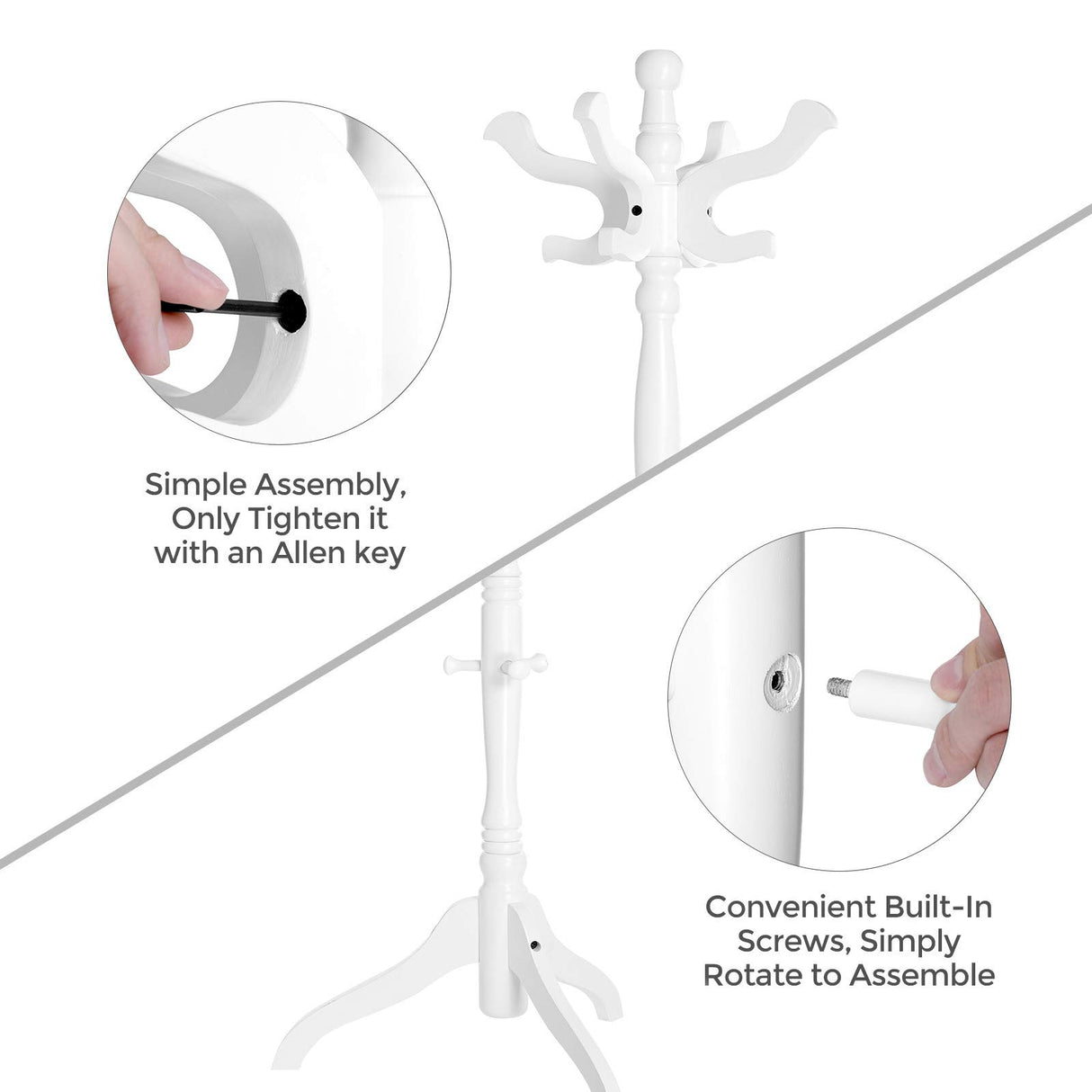 VASAGLE Coat Rack Free Standing with 11 Hooks, Wooden Hall Tree Coat Hat Tree Coat Holder with Solid Rubberwood Base for Coat, Hat, Clothes, Scarves, Handbags, Umbrella, White URCR005W02 VASAGLE