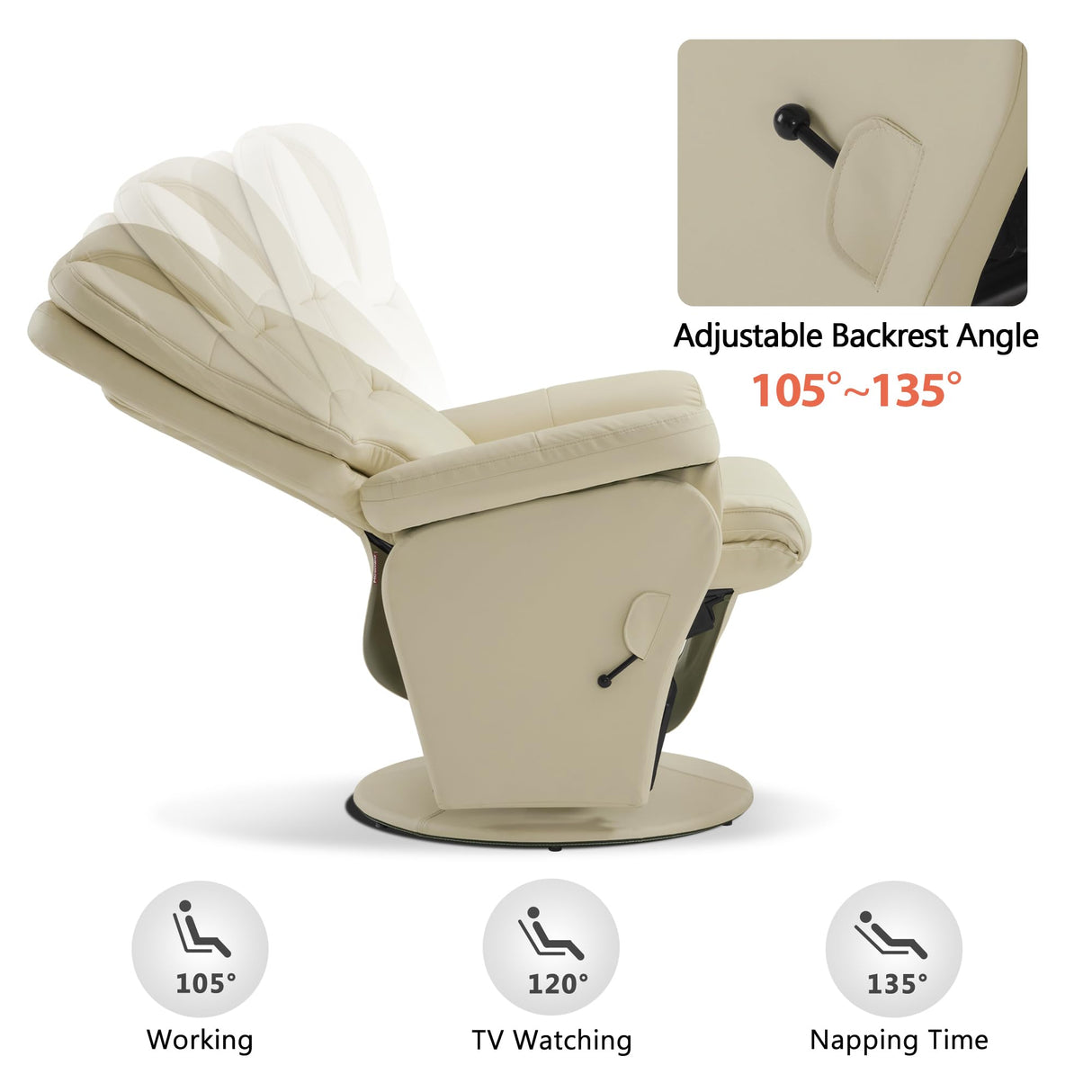 MCombo Swivel Glider Recliner with Ottoman, Reclining Chair with Adjustable Back, Faux Leather Upholstered Lounge Chair for Living Room Bedroom 4800 (Cream White) MCombo