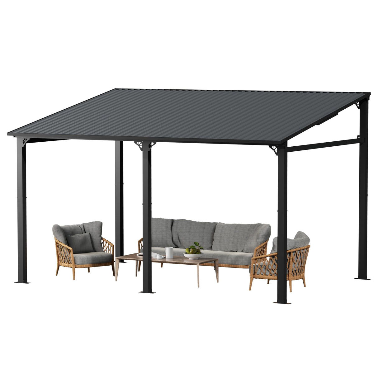 EBE 14' x 10' Hardtop Gazebo, Lean to Gazebos with Galvanized Steel Roof, Heavy Duty Outdoor Pergola and Gazebos Clearance, Wall Mounted Grill Gazebo Awning for Patio, Poch, Backyard EBE