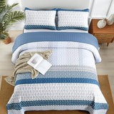 WONGS BEDDING Blue Quilt Queen Size, Bohemian Stripe Quilt Sets 3 Pieces Boho Quilted Bedspread Set Lightweight Microfiber Coverlet Bedding Set All Season (96"x90") WONGS BEDDING