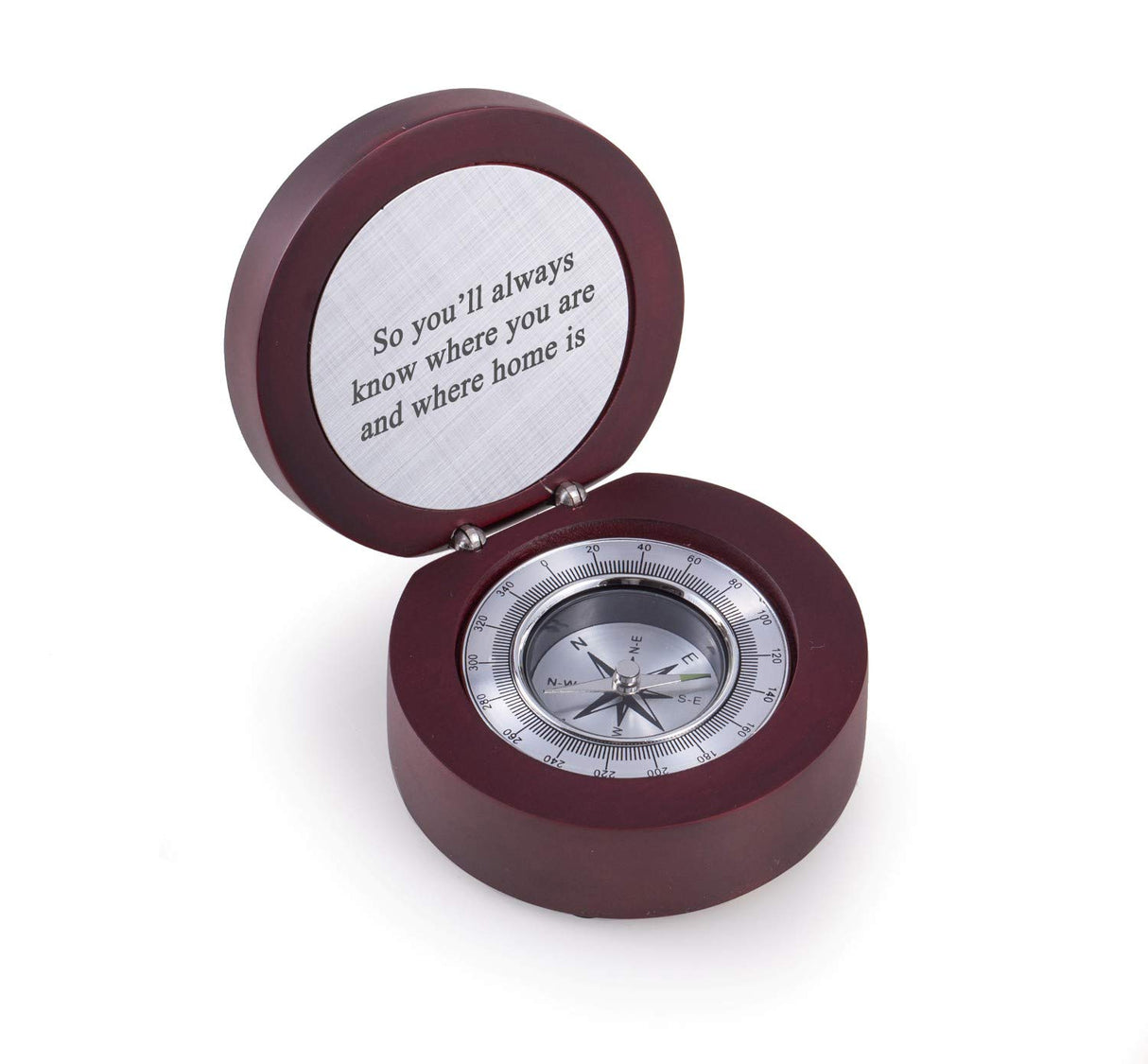 Custom Personalized Compass in Rosewood Finished, Hinged Box with Aluminum Plate and Accents. Bey-Berk