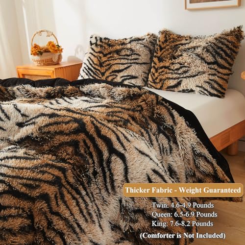 XeGe Tiger Print Fluffy Faux Fur Duvet Cover Set, 3 Pieces Soft Plush Shaggy Fuzzy Bedding Set(1 Faux Fur Animal Comforter Cover + 2 Furry Pillowcases), Zipper Closure(King, Tiger Print Brown) XeGe