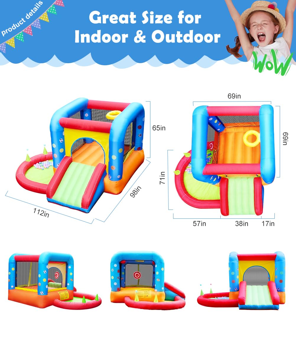 Step4Fun Inflatable Bounce House, Kids Castle Slide Bouncer for Children Jumping Outdoor and Indoor Party, Baby Backyard Water Jumper Toy with Blower, Ball Pit Pool, Ideal Gifts（112 x 98 x 65”） Step4Fun