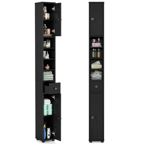 Tangkula Tall Slim Bathroom Storage Cabinet, 71" Freestanding Bathroom Cabinet w/ 2 Doors, 1 Drawer & 5 Adjustable Shelves, Floor Narrow Tower Cabinet for Small Spaces, 8" x 8" x 71" (Black) Tangkula