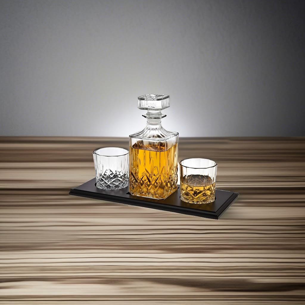 Godinger Whiskey Decanter and Glasses Barware Set, for Liquor Scotch Bourbon Wine or Vodka - Includes 2 Whisky Glasses on Wooden Display Tray Clear Godinger