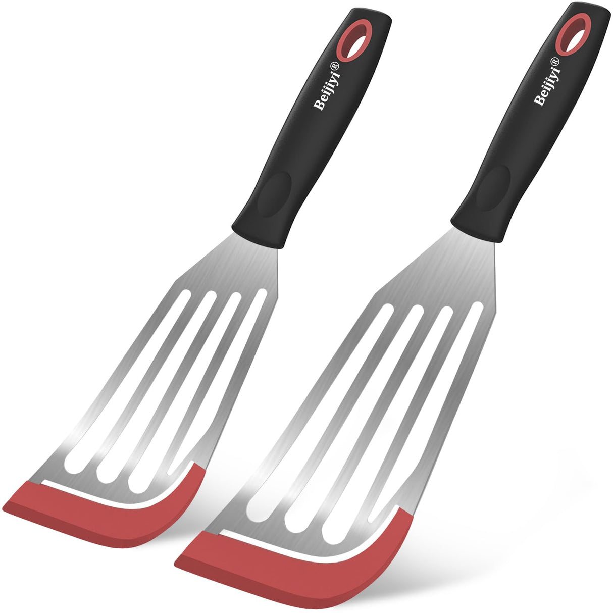 Beijiyi Fish Spatula Turner Set of 2, Heat Resistant Silicone Edge Slotted Fish Spatulas for Nonstick Cookware, Flexible and Thin Stainless Steel Kitchen Cooking Spatula Flipper for Fish, Egg, Pancake Beijiyi