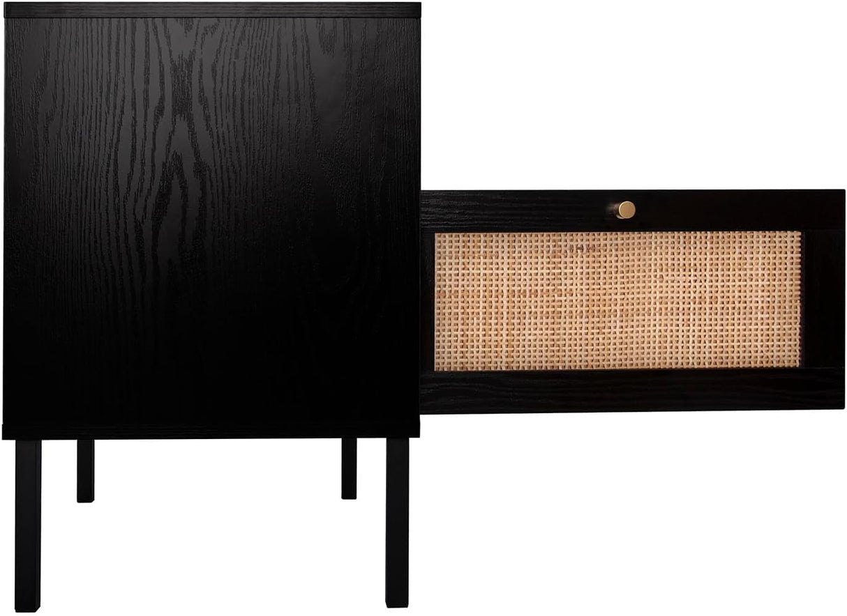 Rattan Night Stand Set 2, Boho Bedside Table Black Nightstand with Rattan Door, Storage Cabinet, Open Storage Space & Sturdy Metal Legs, Accent Bed Side Table, Wood End Tables Bedroom Angel Sar