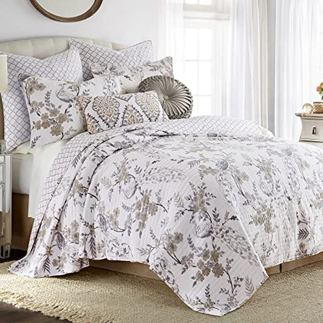 Levtex Home Pisa Reversible Full/Queen Quilt Set (88x92in) with 2 Pillow Shams (26x20in) - Floral Peacock - Grey, Taupe - 100% Cotton Full/Queen Size Quilt Bedding Set - Lightweight, Soft, Pre-Washed Levtex Home