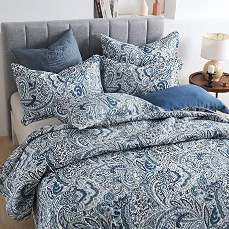 Autumn Dream Cotton Bedspread Quilt Sets, 3 Pieces Reversible Comforter Coverlet Sets,Blue Floral Paisley Bedspread,King Size Autumn Dream