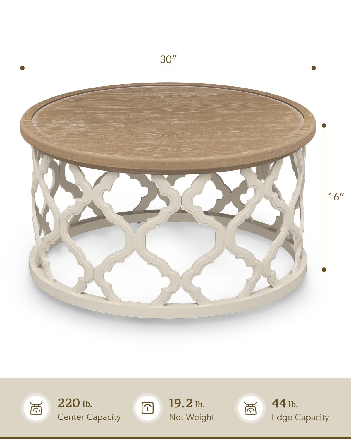 VONLUCE Farmhouse Coffee Table,30'' Round French Country Coffee Table,Distressed Wood Tray Top Vintage Coffee Table with Storage Shelf for Living Room Dining Room Bedroom,Small Space,Beige VONLUCE