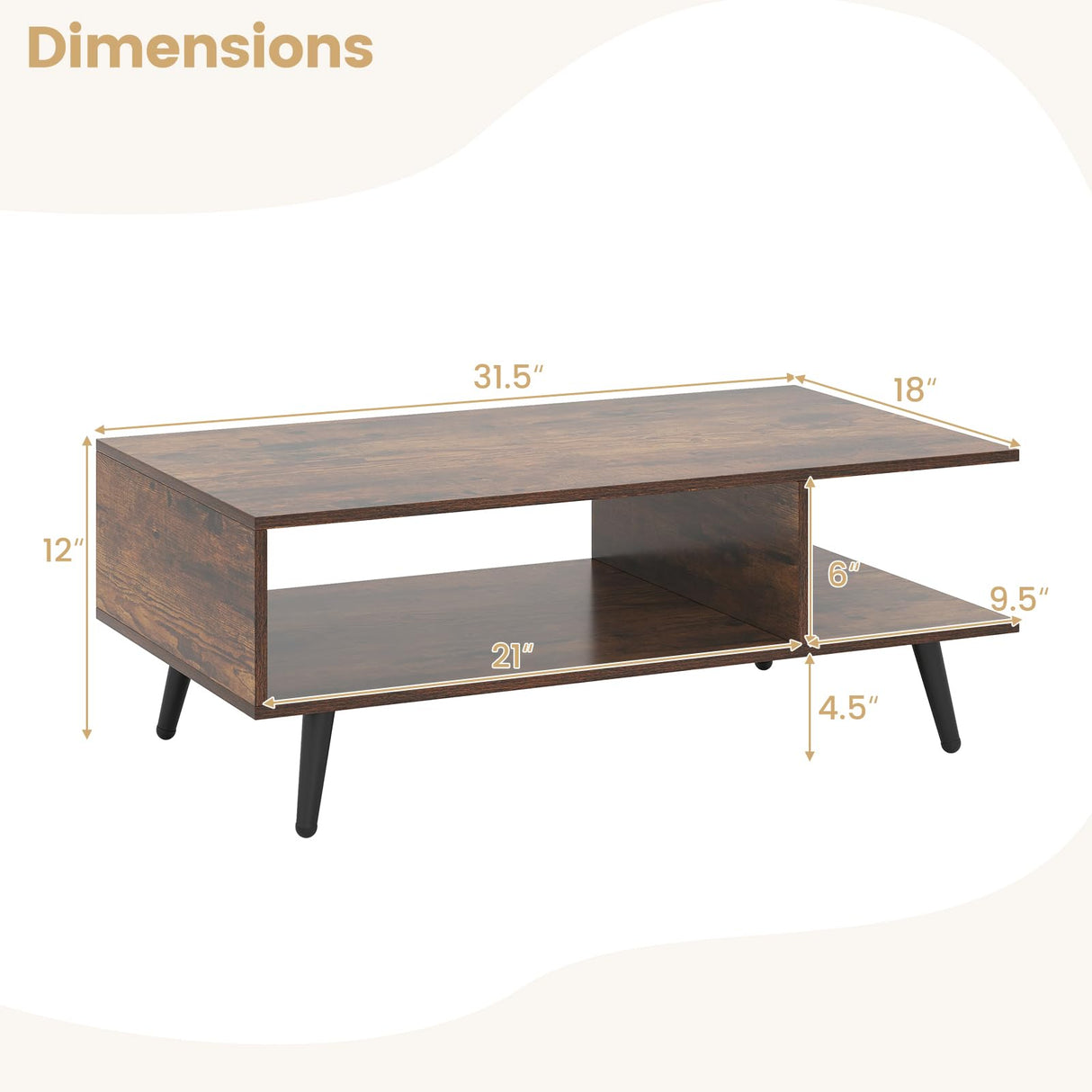 Giantex Coffee Table with Storage, Mid Century Modern Center Table for Living Room, Rectangle Tea Table with Open Storage Shelf & Floor-Anti-Scratching Tapered Metal Legs, Rustic Brown (Rustic Brown) Giantex