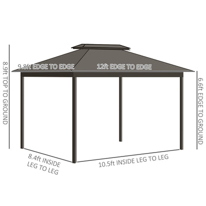 Outsunny 10' x 12' Hardtop Gazebo with Curtains and Netting, Permanent Pavilion Metal Double Roof Gazebo Canopy with Aluminum Frame and Hooks, for Garden, Patio, Backyard, Gray - WoodArtSupply