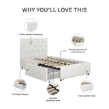 DHP Dakota Upholstered Platform Bed with Underbed Storage Drawers and Diamond Button Tufted Headboard and Footboard, No Box Spring Needed, Twin, White Faux Leather DHP