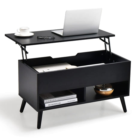 Tangkula Lift Top Coffee Table, Modern Cocktail Table with Hidden Compartment & 2 Open Shelves, Flip Top Center Table, Wooden Pull up Coffee Table for Living Room, Reception Room, Office (Black) Tangkula