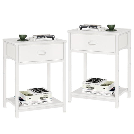 Furologee White Nightstands Set of 2, End Table with Fabric Drawer, Small Side Table for Small Spaces, 2 Tiers Storage Shelves End Table, Bedside Table for Living Room, Bedroom, Dorm Furologee