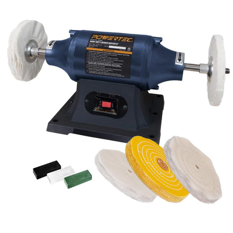 POWERTEC 6-Inch Bench Buffer Jewelry Polisher - Includes 5PCs 80Ply Buffing Wheels + 3PCs Polishing Compound Set | Benchtop Buffing Machine for Metal, Jewelry, Knives, Wood, Jade, and Plastic (BF601D) POWERTEC
