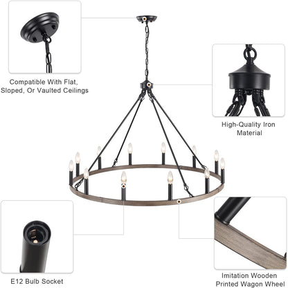 12 Light Farmhouse Chandelier for Dining Room 38 Inches Wagon Wheel Chandelier Rustic Large Chandeliers for High Ceiling Light Fixture Outdoor Chandelier for Living Room Entryway Foyer Gazebo - WoodArtSupply