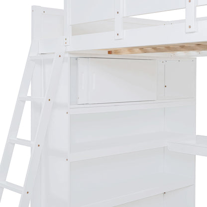 Merax White Full Loft Bed with Integrated Desk and Bookshelf – Space-Saving Solid Pine Design - WoodArtSupply