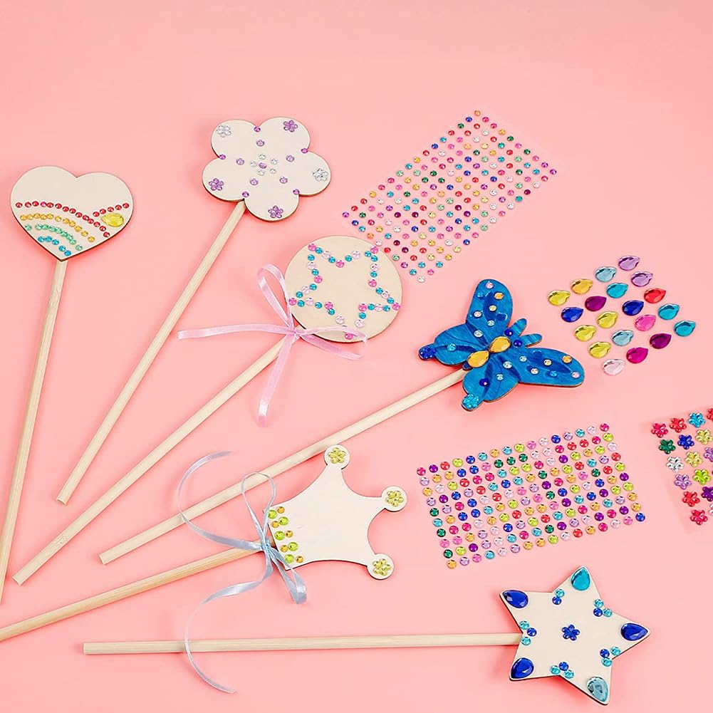 ccHuDE 18 Pcs 6 Styles Unfinished Wooden Princess Wands Wood Fairy Wands DIY Magical Wand Make Your Own Princess Wand with 3 Sheets Gem Stickers for Party ccHuDE