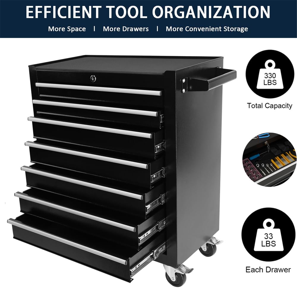 7 Drawer Tool Chest with Wheels,Metal Locking Black Rolling Tool Box with Tool Organizer Trays for Tool Storage Organizer,Portable Standing Mechanic Toolbox for Garage,30 In Tall Tool Cabinet - WoodArtSupply