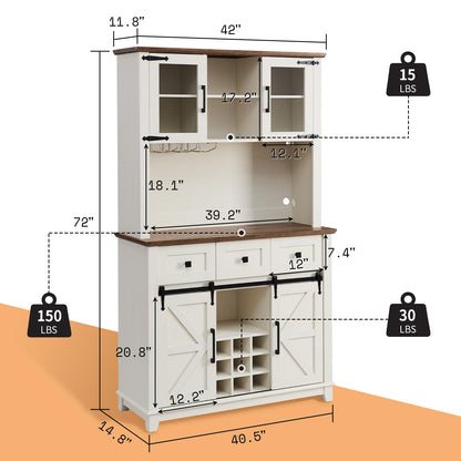 AMERLIFE Coffee Bar Cabinet with Sliding Barn Door, 72" Farmhouse Kitchen Sideboard, Buffet Storage Table, 3 Drawers, LED Lights, Tall Hutch Home Bar for Dining Room, White - WoodArtSupply