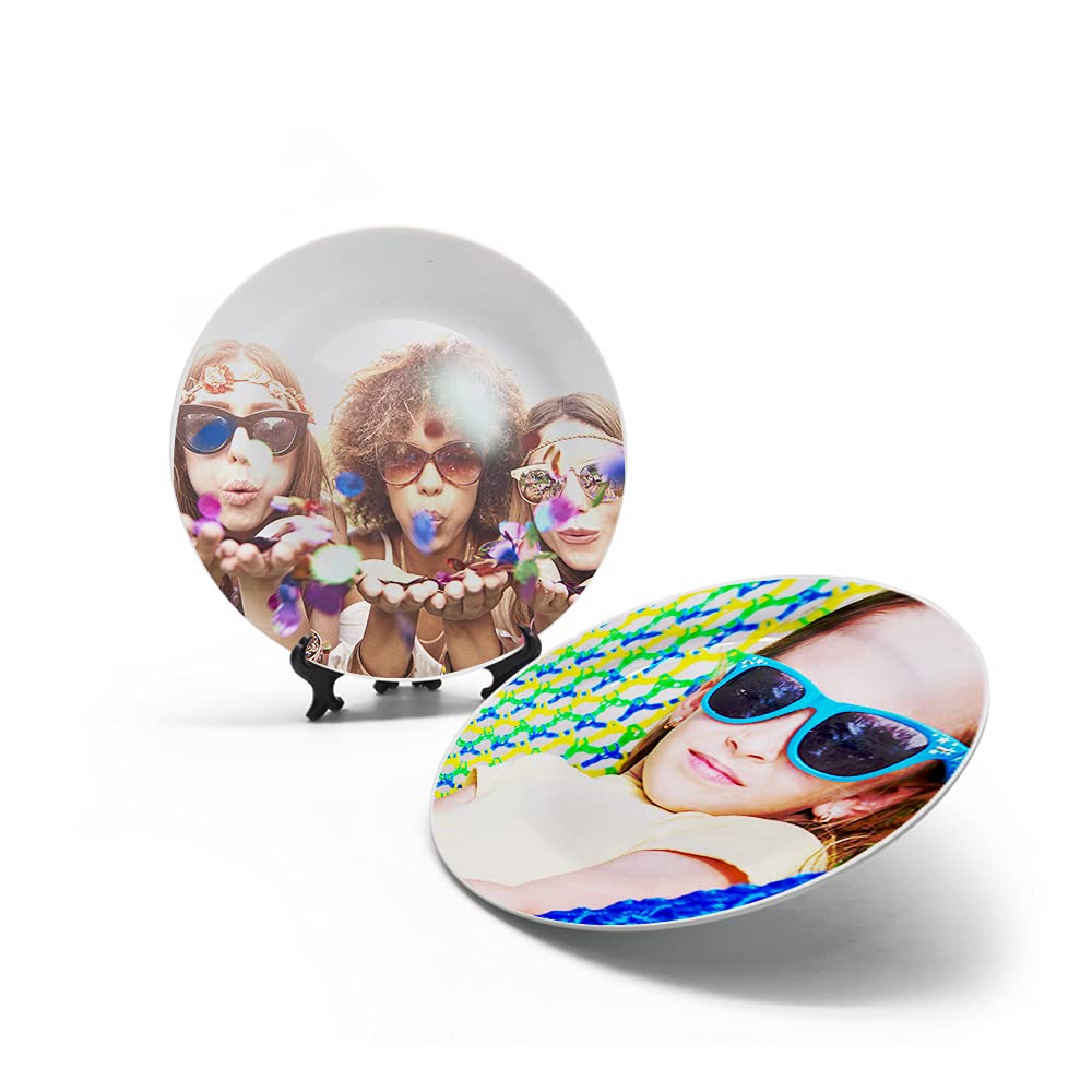 MR.R Sets of 2 Sublimation Blanks White Ceramic Flat Plate with Stand,Porcelain Plates. 8 inch Round Dessert or Salad Plate, Lead-Free, Safe in Microwave, Oven, and Freezer MR.R
