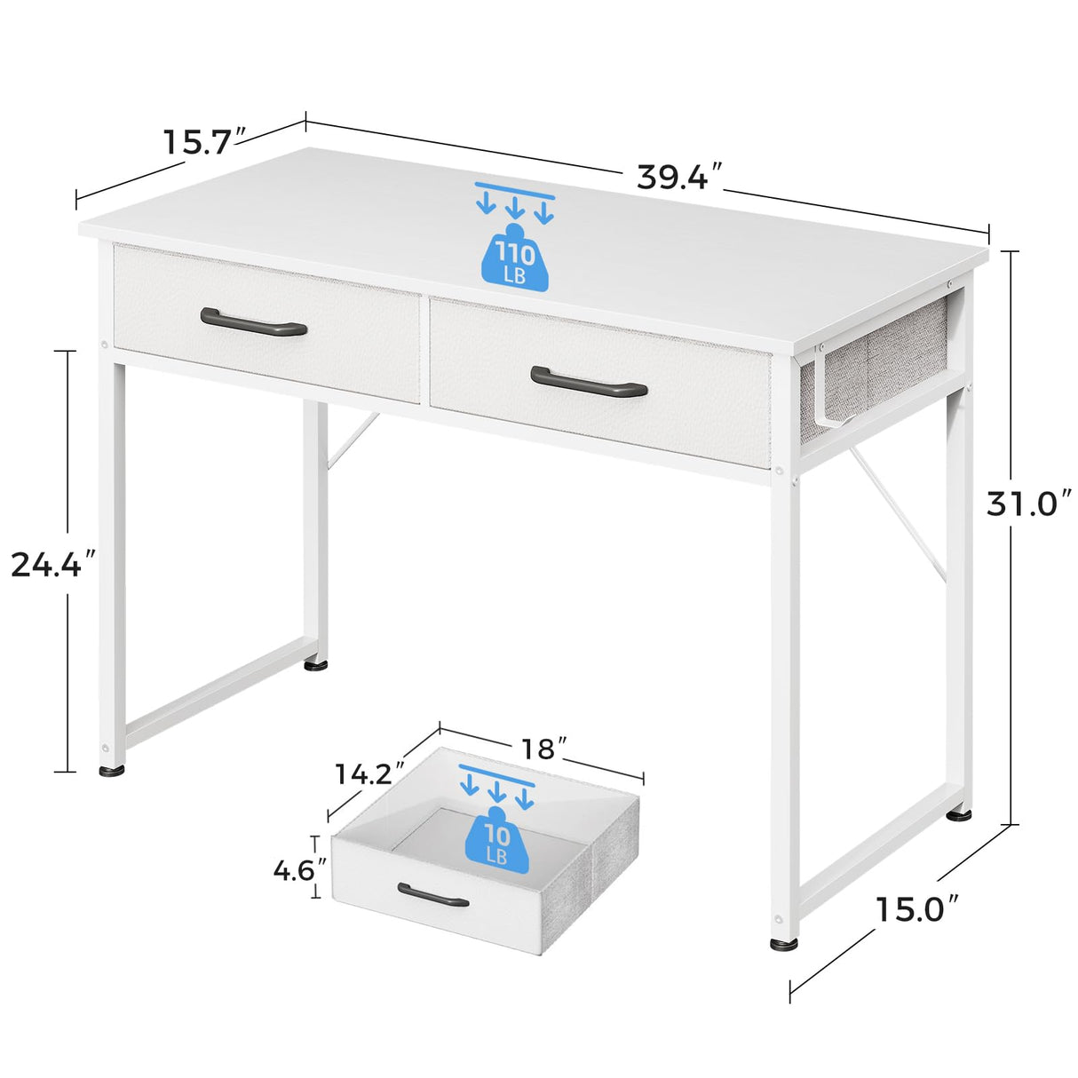 Casaottima 40 Inch Small Office Computer Desk with 2 Drawers & Headphone Hook - Compact Writing Desk for Home Office, Study or Work, Modern Space-Saving Design for Small Spaces, White Casaottima