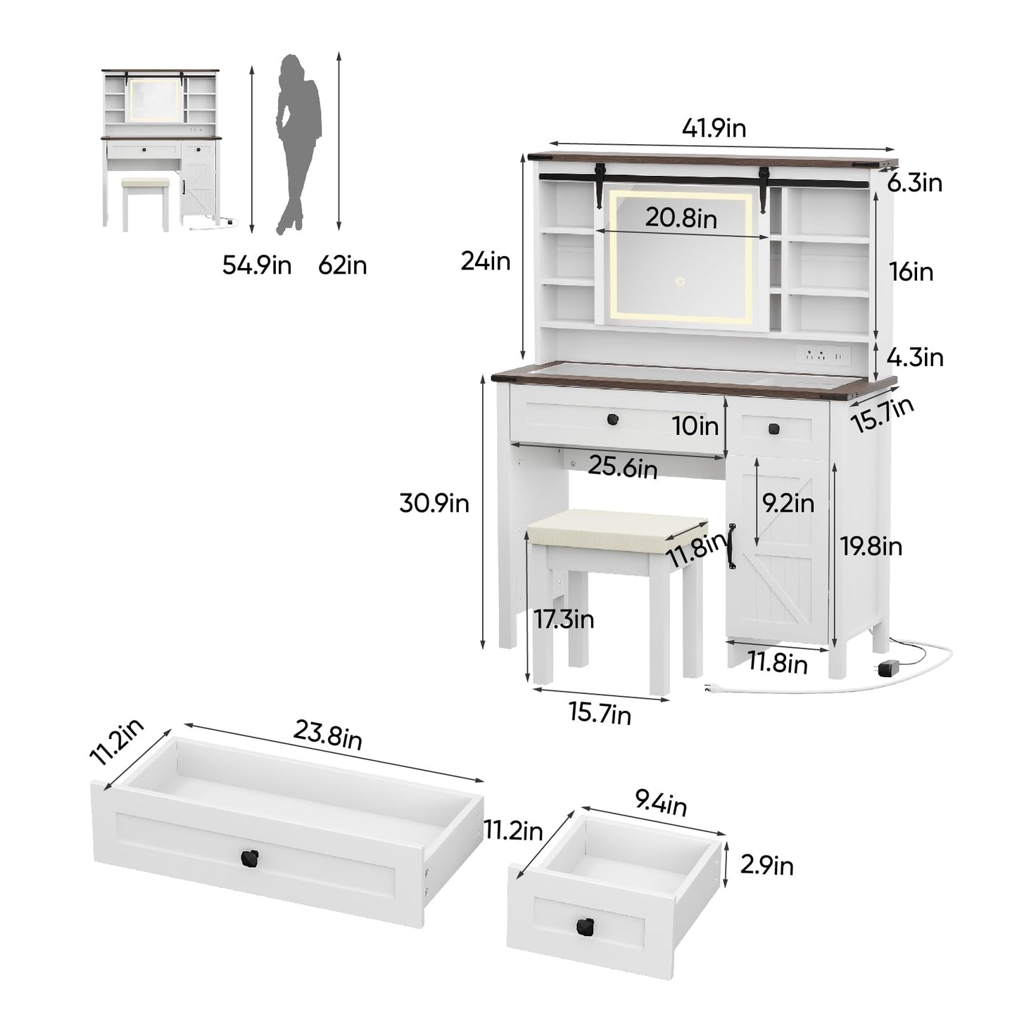 Semiocthome Farmhouse Makeup Vanity with Power Outlet 42"W Glass Top Vanity Desk with Sliding Mirror and Lights White Vanity Table with Adjustable Shelves and Side Cabinet Girls Vanity Set fo - WoodArtSupply