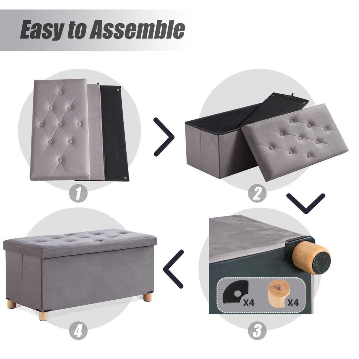 BRIAN & DANY 30 Inches Folding Storage Ottoman Bench, Ottoman with Storage for Living Room, with Wooden Feet and Lid, Grey BRIAN & DANY