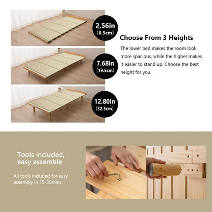 EMOOR Earth-Natural Wood Slatted & Tatami Twin Bed Frame with Adjustable Heights for Japanese Futon Mattress - WoodArtSupply