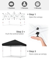 10x10 Pop Up Canopy with Humanization One Button Push Setup - Heavy Duty Outdoor Canopy Tent with Portable Roller Bag - 3 Adjustable Height, 4 Weight Bags, 8 Stakes & 4 Guy Ropes Included, Black GarveeLife