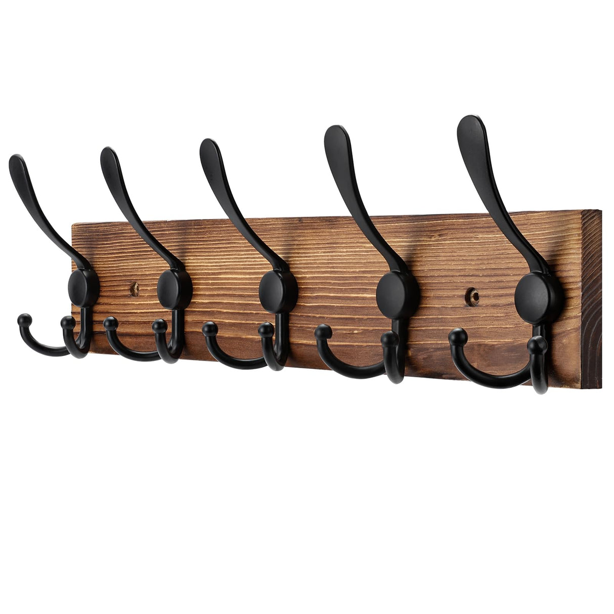Kuhome Coat Rack Wall Mount Wooden Hat Rack for Wall Hooks Pine Real Wood Plank 16.9" Brown Coat Hanger with 5 Triple Hooks for Hanging Coat Hat Jacket Kuhome