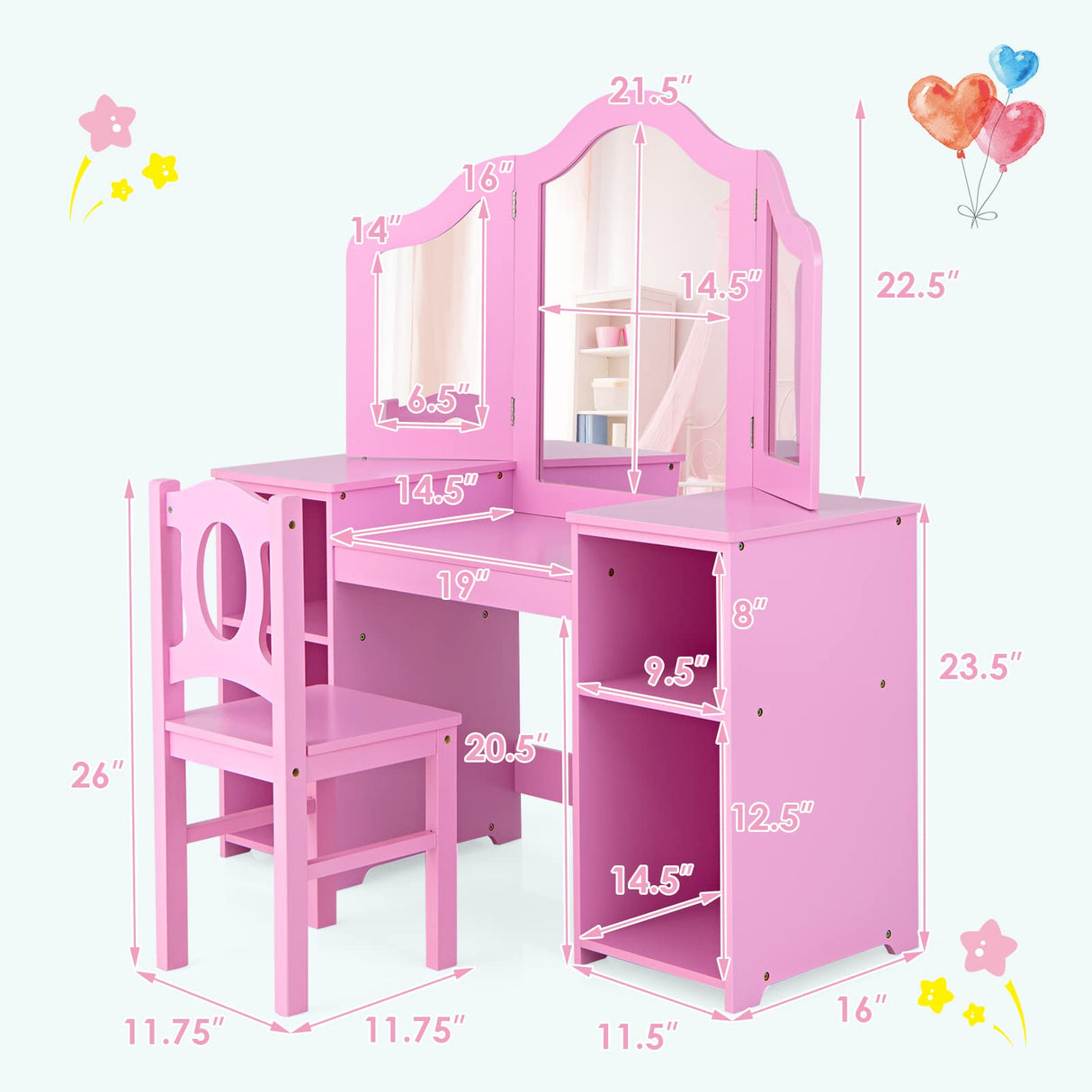 INFANS Kids Vanity, 2 in 1 Princess Makeup Desk & Chair Set with Tri-Folding Detachable Mirror, Large Storage Shelves, Wooden Pretend Play Dressing INFANS