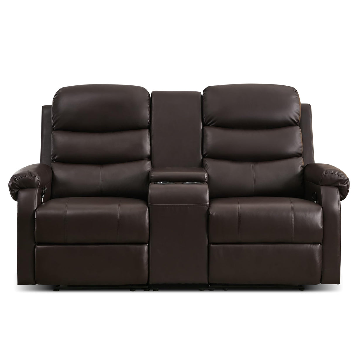 DRMBOOK Reclining Loveseat Sofa, Faux Leather Double Reclining RV Loveseat Couch with Console, Manual 2 Person Recliner, 2 Seater Home Theater Seating with Cup Holders for Living Room (Light Brown) DRMBOOK