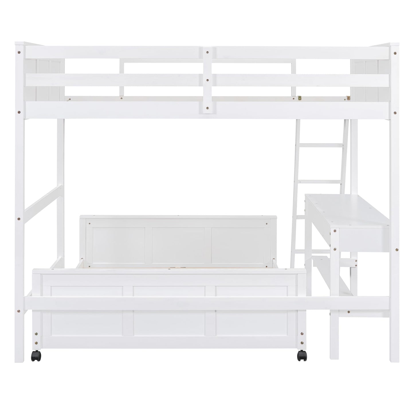 Bellemave Full Over Full Loft Bed with Desk and Storage Drawers in White - WoodArtSupply