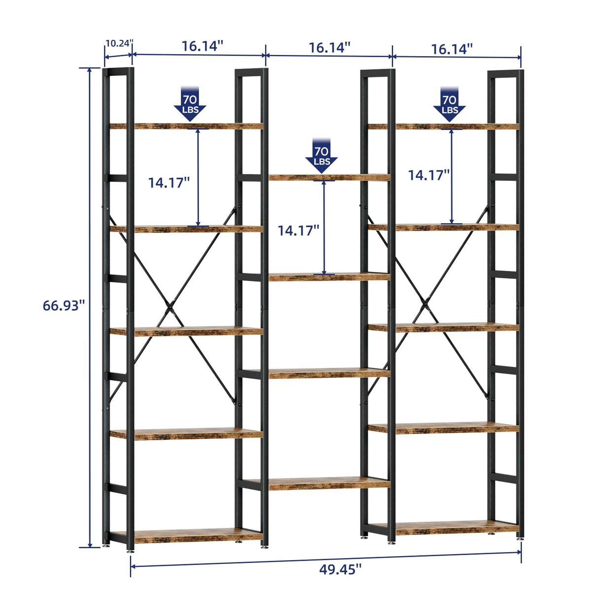 NUMENN Vintage Brown Triple Column 5-Tier Adjustable Bookshelf with 14 Open Display Shelves NUMENN