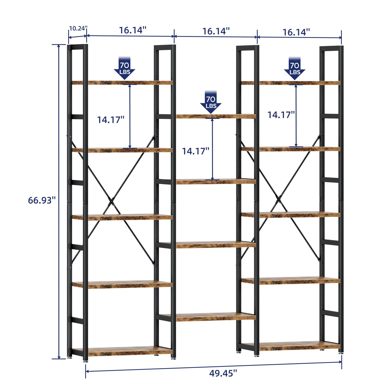 NUMENN Vintage Brown Triple Column 5-Tier Adjustable Bookshelf with 14 Open Display Shelves - WoodArtSupply
