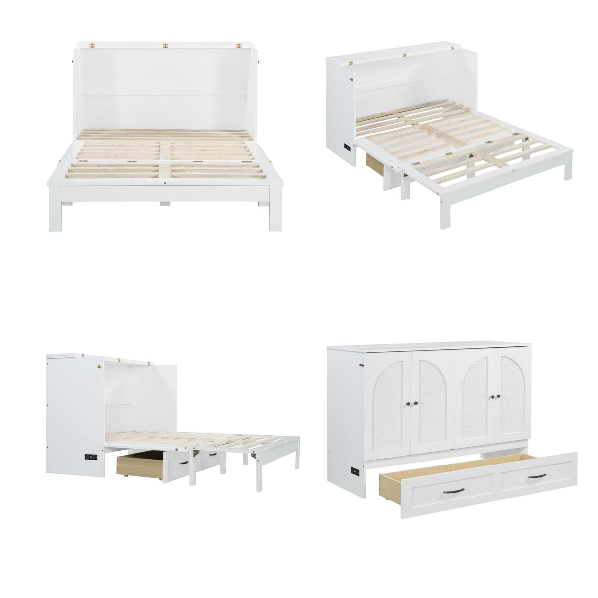 Merax Full Size Murphy Bed Cabinet with Charging Station and Large Storage Drawer, Foldable Pull Out Murphy Chest Bed for Apartments, Bedrooms, Studio, No Spring Box Needed, White Merax