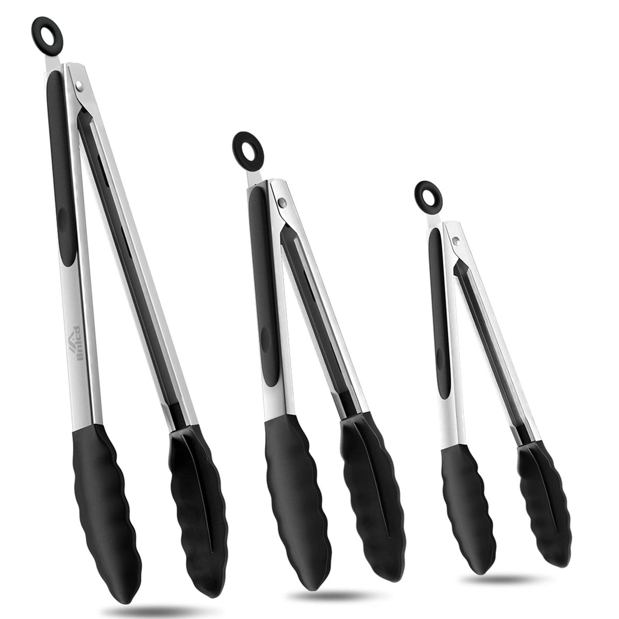 Bnlcd Kitchen Tongs, Premium Stainless Steel Locking Cooking Tongs with Silicone Tips, Non-Slip Food Tongs for Cooking, Heavy Duty, Non-Stick, 480℉, Set of 3-7" 9" and 12" Black Bnlcd