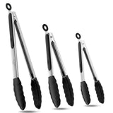 Bnlcd Kitchen Tongs, Premium Stainless Steel Locking Cooking Tongs with Silicone Tips, Non-Slip Food Tongs for Cooking, Heavy Duty, Non-Stick, 480℉, Set of 3-7" 9" and 12" Black Bnlcd