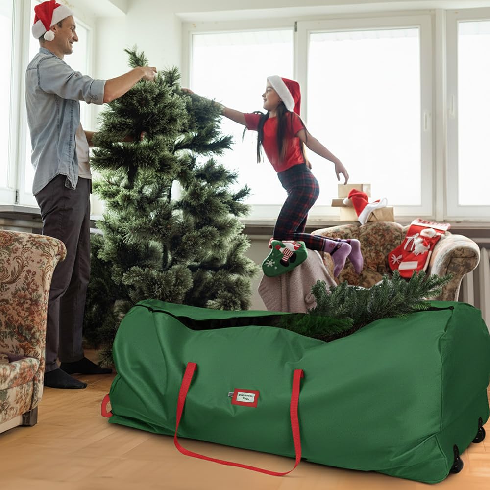 Holiday Cheer Christmas Tree Storage Bag with Wheels – Heavy Duty Christmas Tree Bag Fits Up to 9ft Tall Artificial Christmas Tree, Waterproof, Durable Handles & Zipper – Xmas Tree Storage Bag (Green) Holiday Cheer